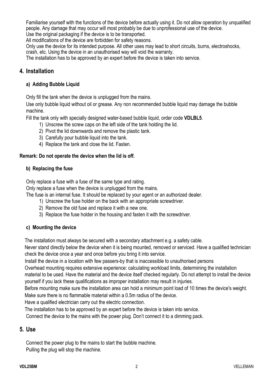 Velleman VDL25BM User Manual | Page 2 / 20