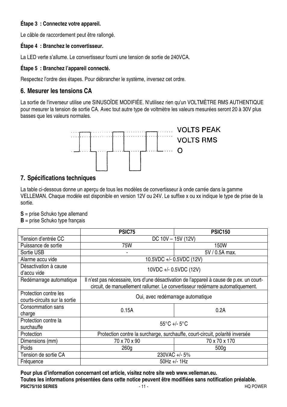 Mesurer les tensions ca, Spécifications techniques | Velleman PSIC75B User Manual | Page 11 / 18