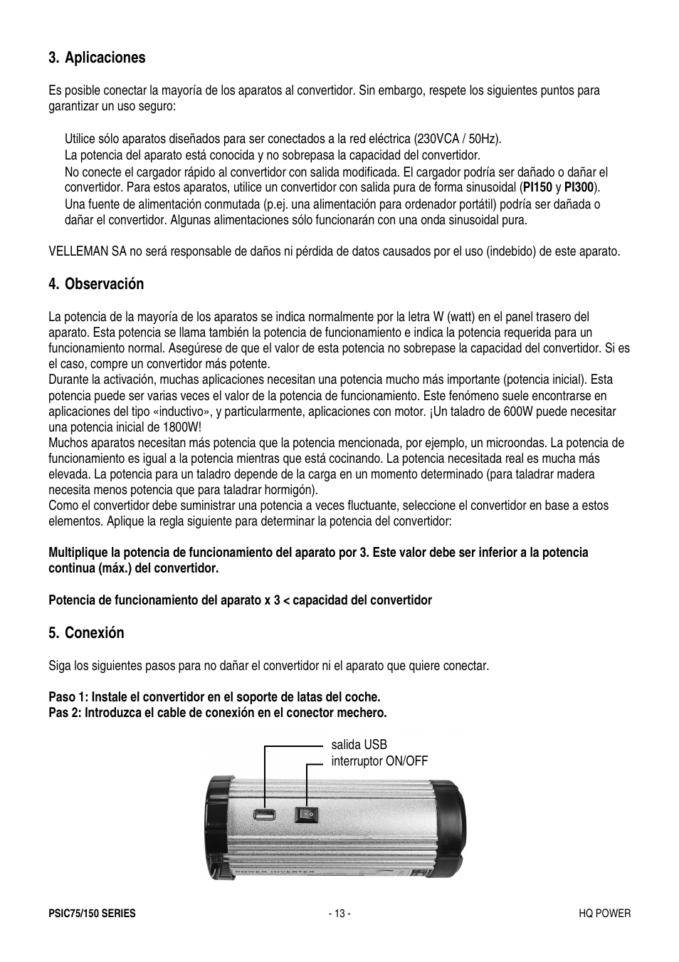 Aplicaciones, Observación, Conexión | Velleman PSIC75B User Manual | Page 13 / 18