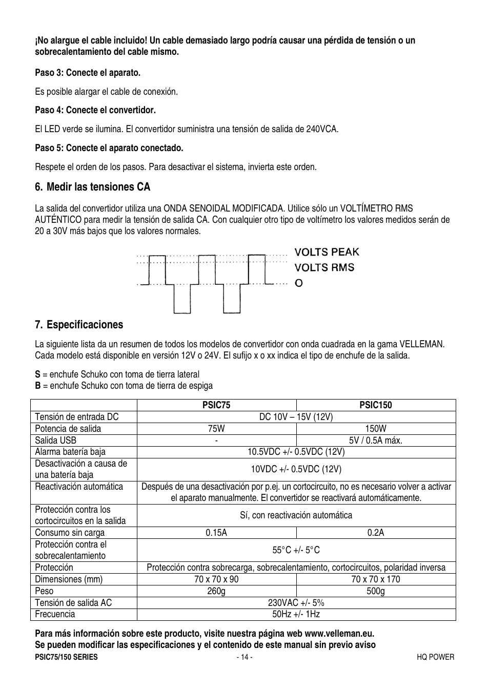 Medir las tensiones ca, Especificaciones | Velleman PSIC75B User Manual | Page 14 / 18
