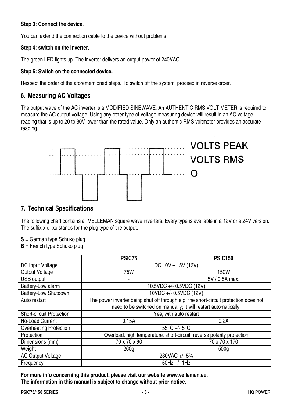 Measuring ac voltages, Technical specifications | Velleman PSIC75B User Manual | Page 5 / 18