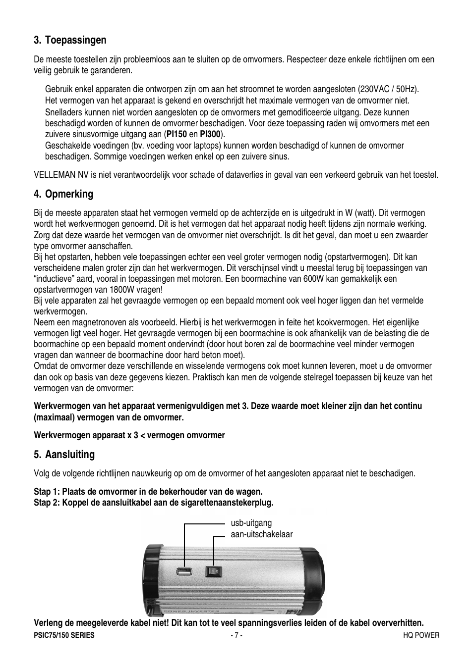 Toepassingen, Opmerking, Aansluiting | Velleman PSIC75B User Manual | Page 7 / 18