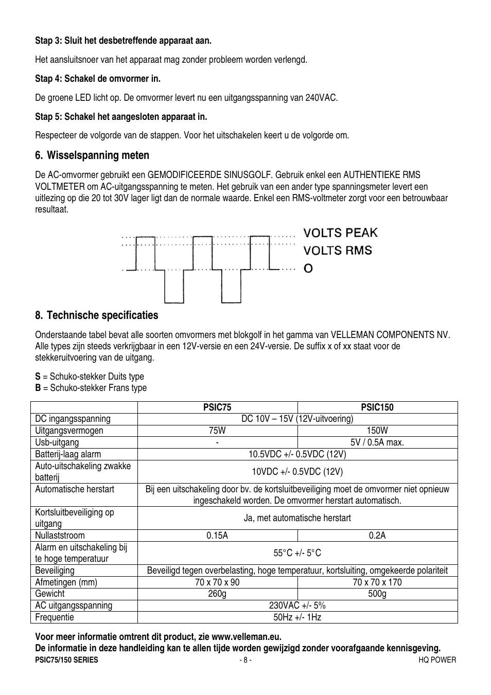 Wisselspanning meten, Technische specificaties | Velleman PSIC75B User Manual | Page 8 / 18