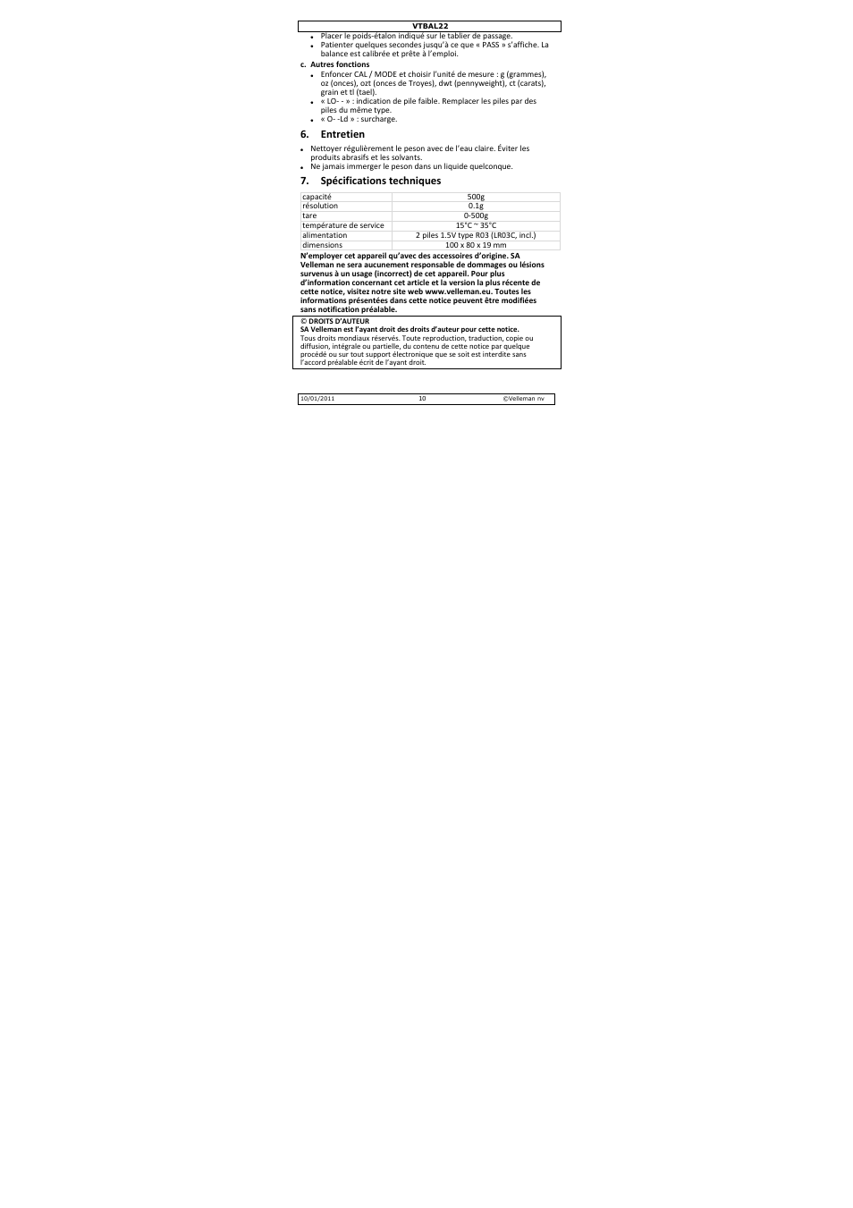 Entretien, Spécifications techniques | Velleman VTBAL22 User Manual | Page 10 / 21
