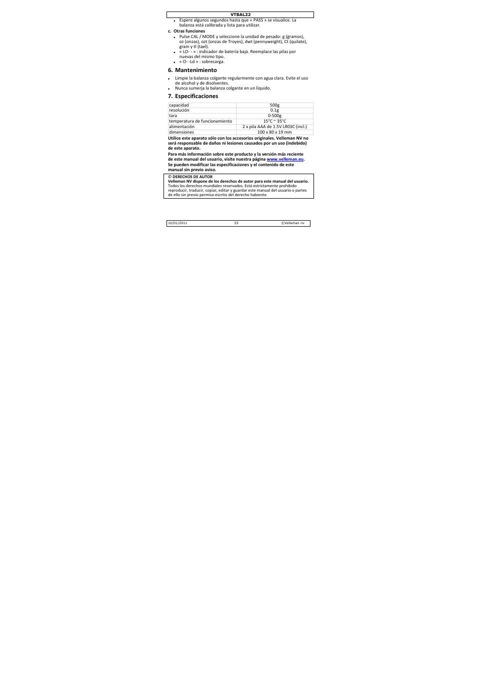 Mantenimiento, Especificaciones | Velleman VTBAL22 User Manual | Page 13 / 21