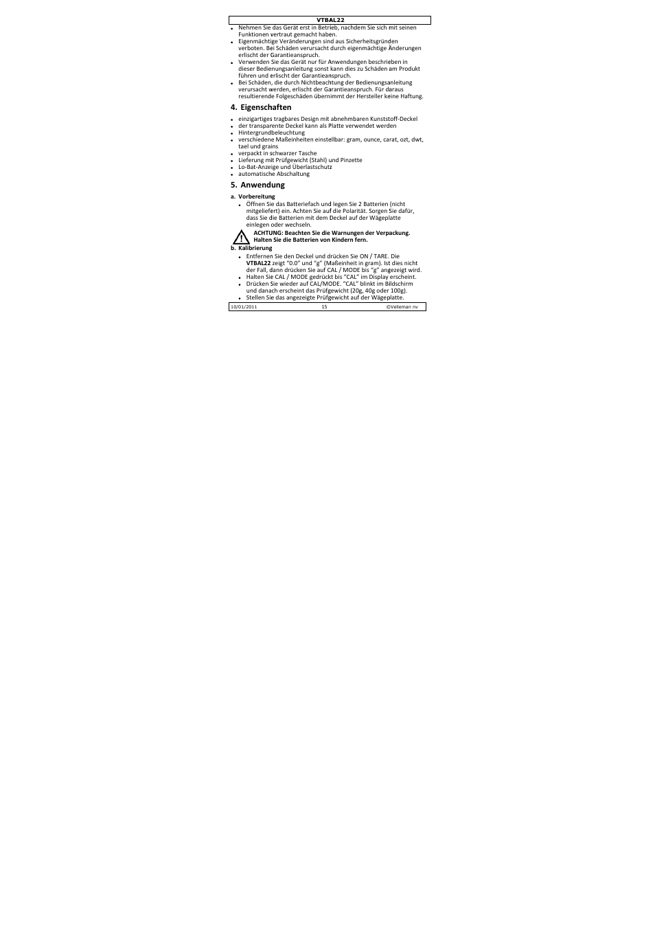 Eigensch, Anwend, Haften | Velleman VTBAL22 User Manual | Page 15 / 21