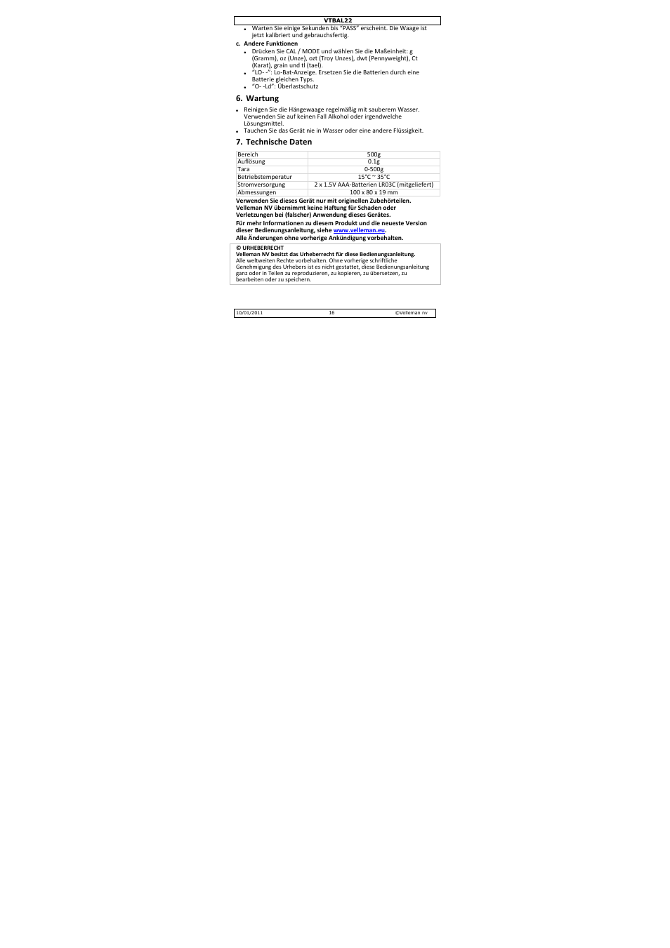 Wartung, Technische daten | Velleman VTBAL22 User Manual | Page 16 / 21
