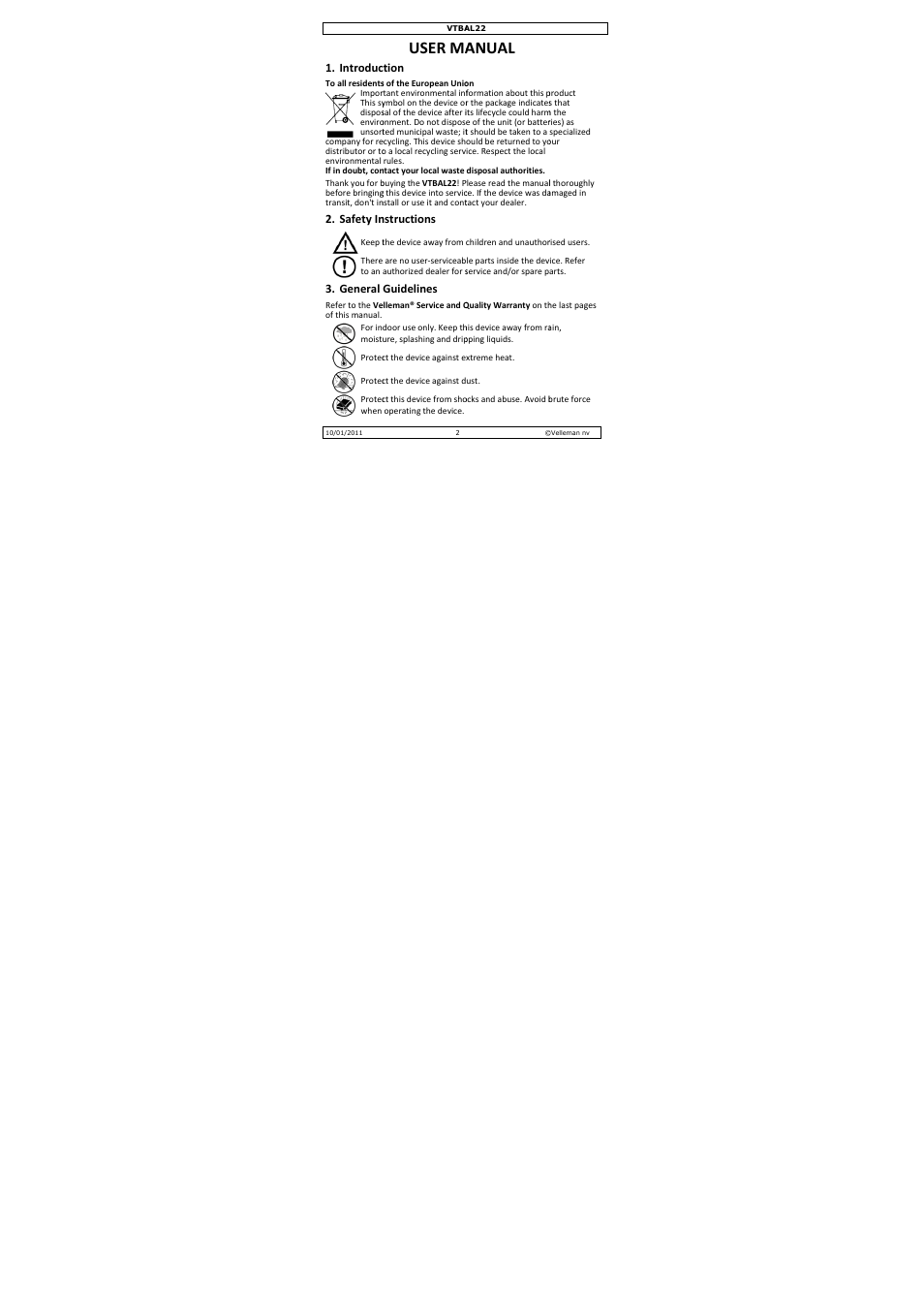 User ma, Anual | Velleman VTBAL22 User Manual | Page 2 / 21