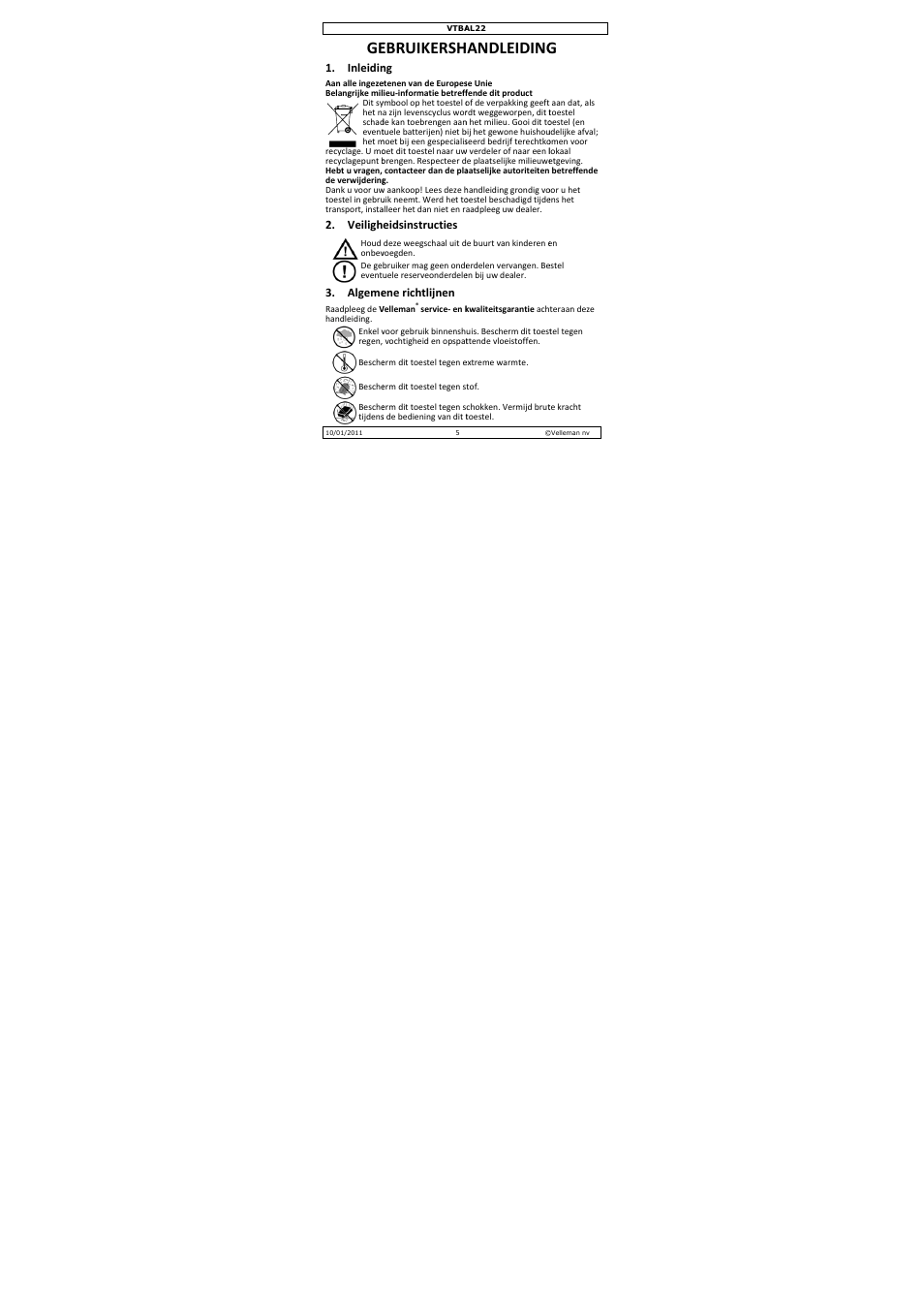 Ebruikersh, Andleiding | Velleman VTBAL22 User Manual | Page 5 / 21