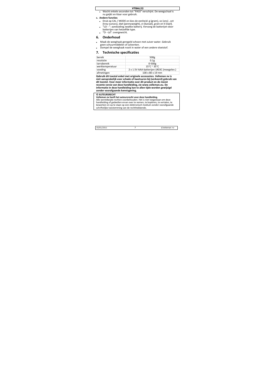 Onderhoud, Technische specificaties | Velleman VTBAL22 User Manual | Page 7 / 21