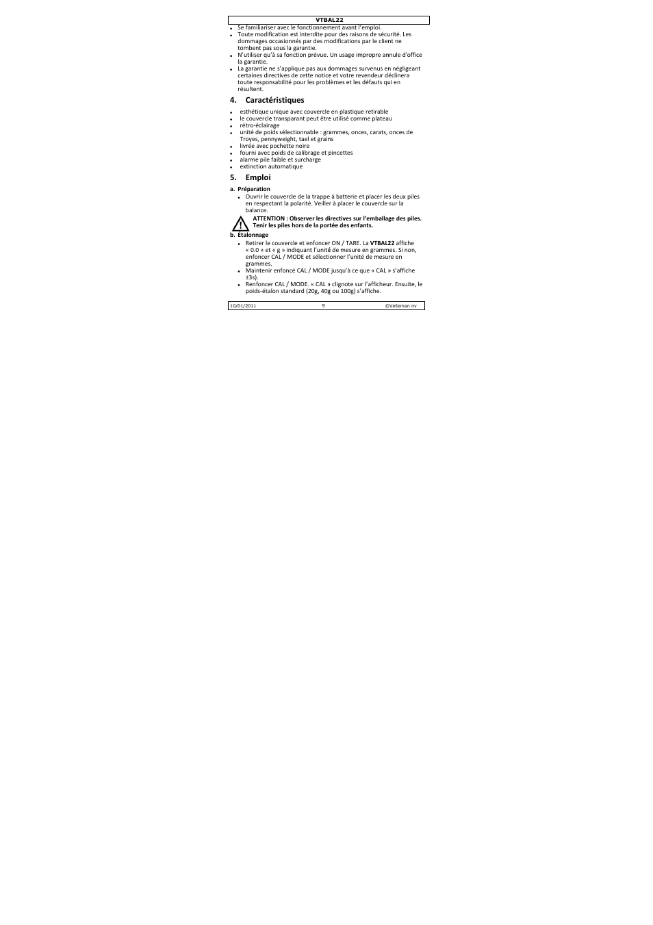 Caracté, Emploi, Éristiques | Velleman VTBAL22 User Manual | Page 9 / 21