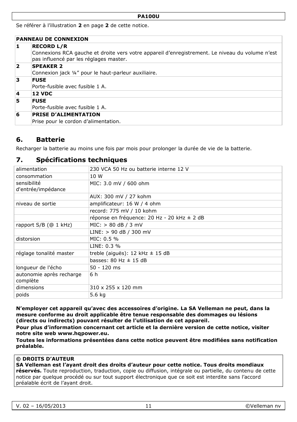Batterie, Spécifications techniques | Velleman PA100U User Manual | Page 11 / 23