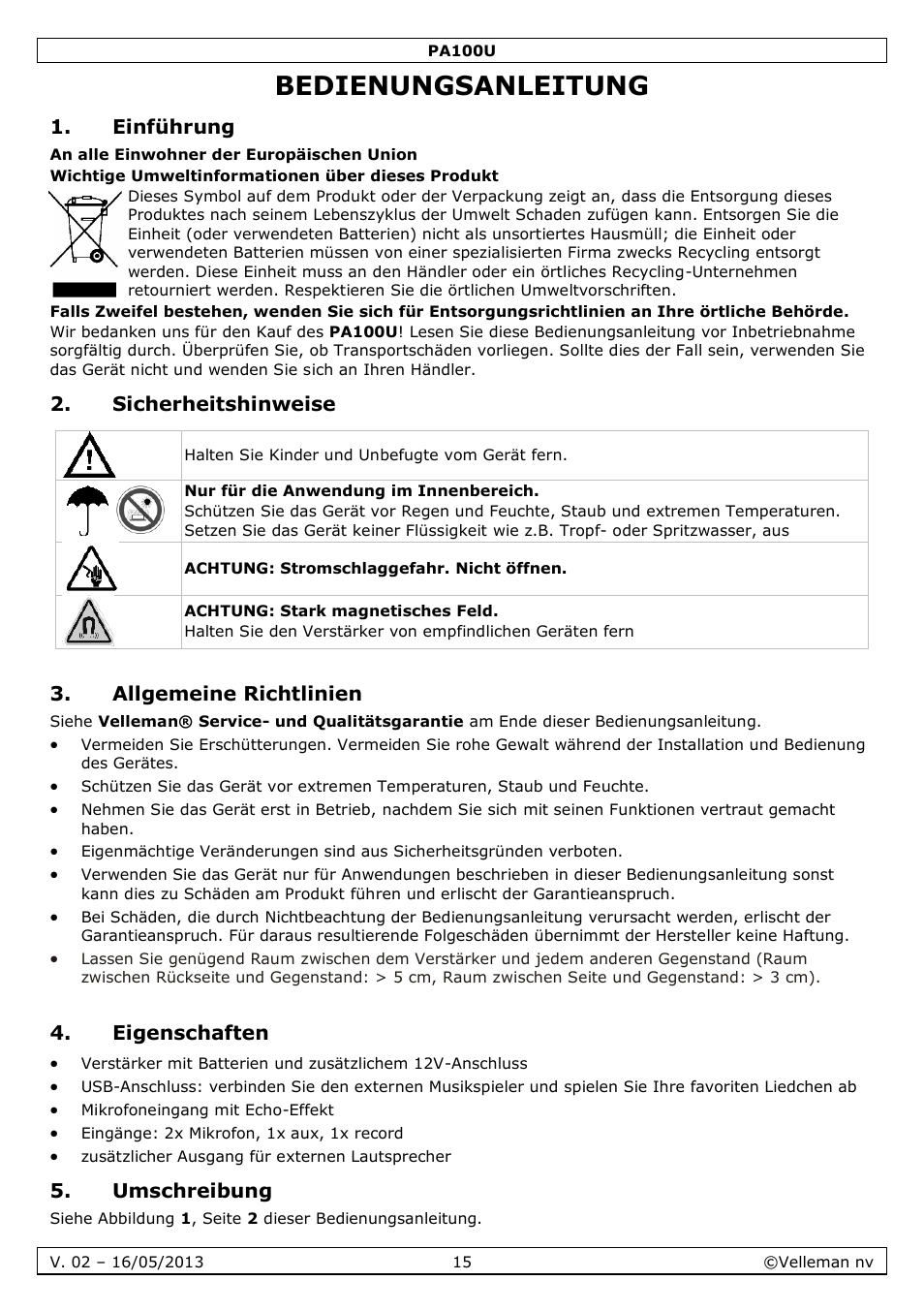 Bedienungsanleitung, Einführung, Sicherheitshinweise | Allgemeine richtlinien, Eigenschaften, Umschreibung | Velleman PA100U User Manual | Page 15 / 23