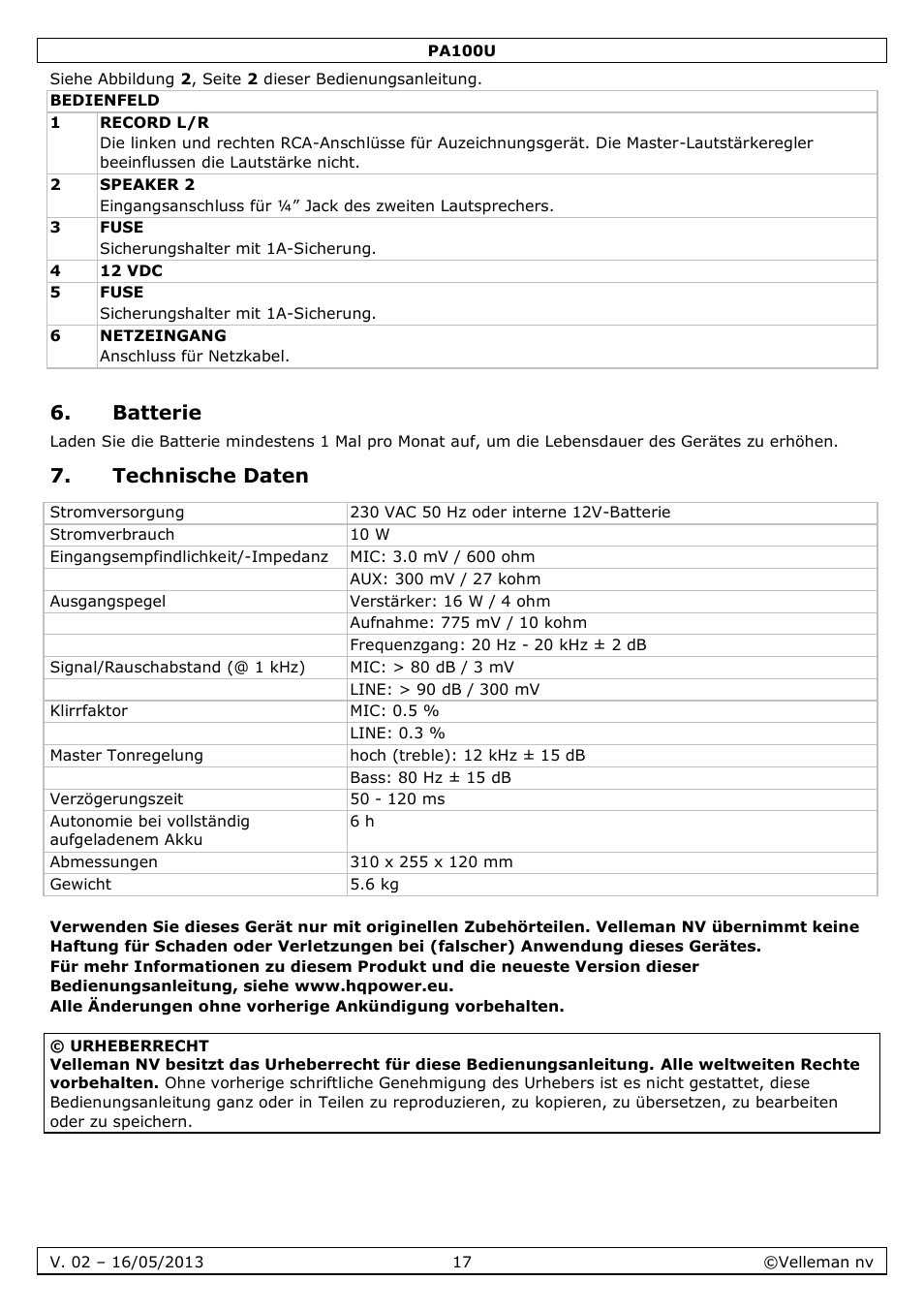 Batterie, Technische daten | Velleman PA100U User Manual | Page 17 / 23