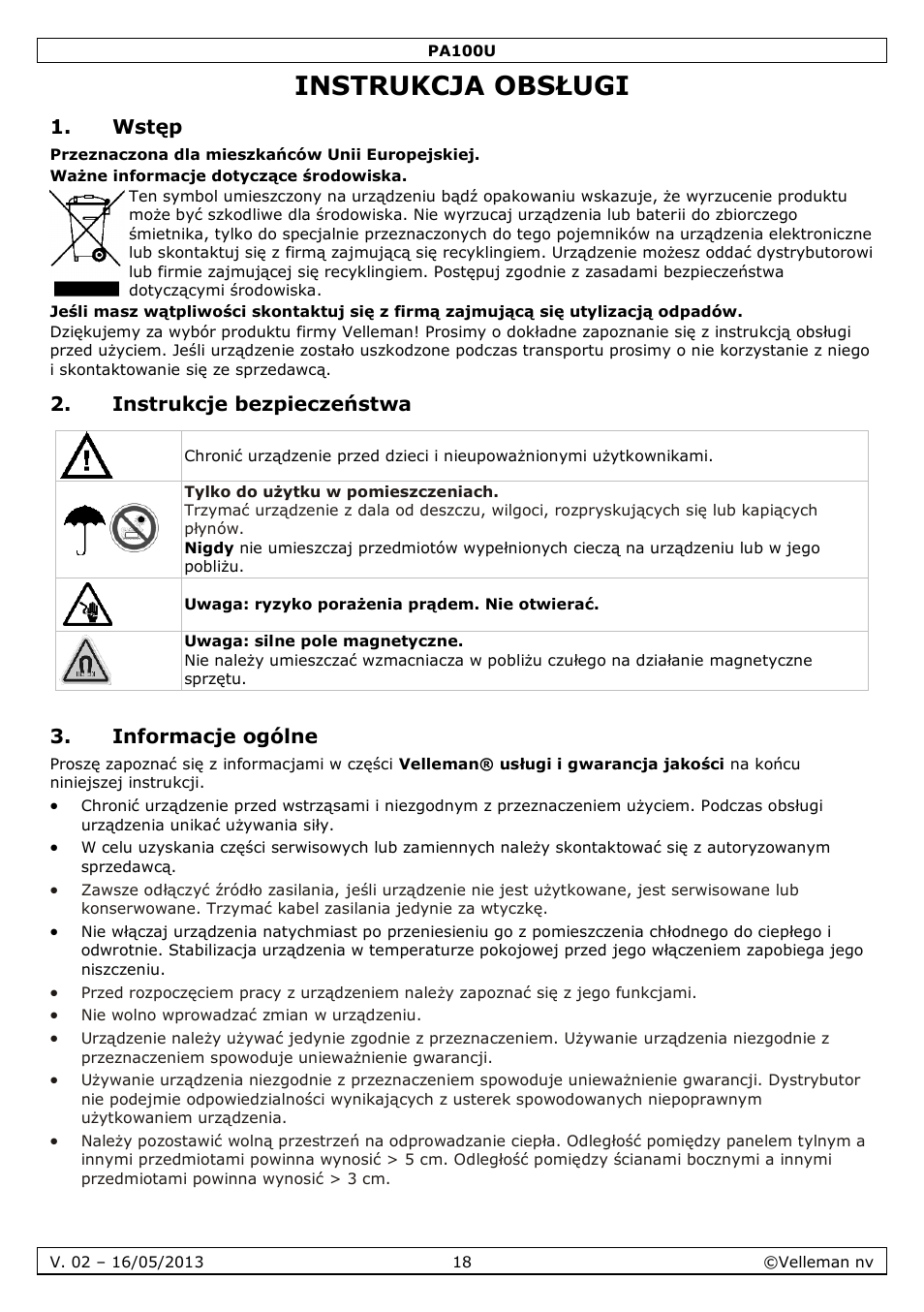 Instrukcja obsługi, Wstęp, Instrukcje bezpieczeństwa | Informacje ogólne | Velleman PA100U User Manual | Page 18 / 23