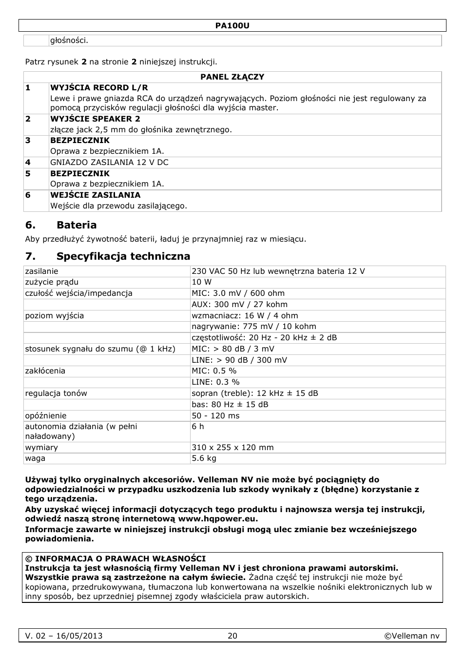 Bateria, Specyfikacja techniczna | Velleman PA100U User Manual | Page 20 / 23