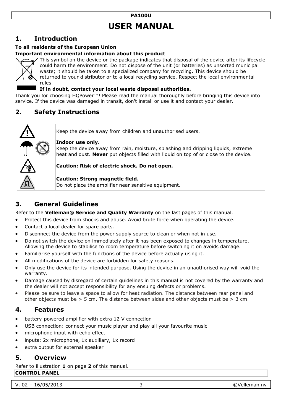 User manual, Introduction, Safety instructions | General guidelines, Features, Overview | Velleman PA100U User Manual | Page 3 / 23