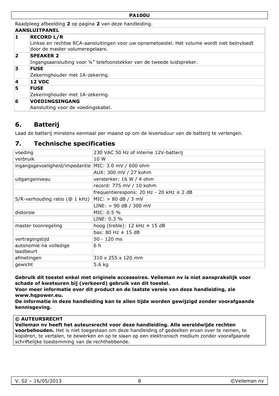 Batterij, Technische specificaties | Velleman PA100U User Manual | Page 8 / 23