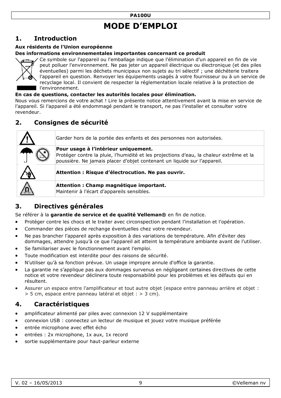 Mode d’emploi, Introduction, Consignes de sécurité | Directives générales, Caractéristiques | Velleman PA100U User Manual | Page 9 / 23
