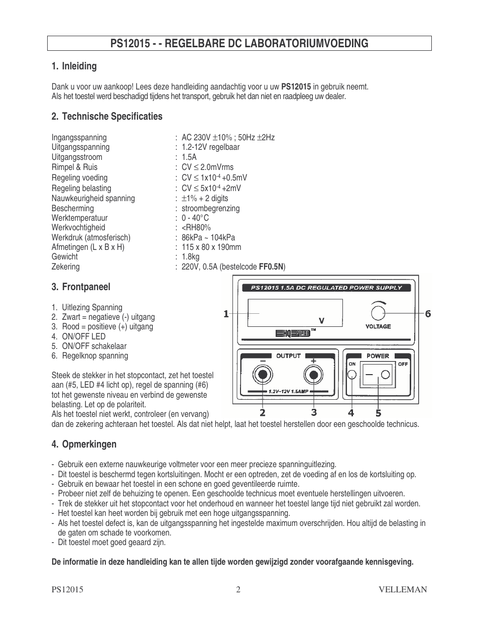 Velleman PS12015 User Manual | Page 2 / 5