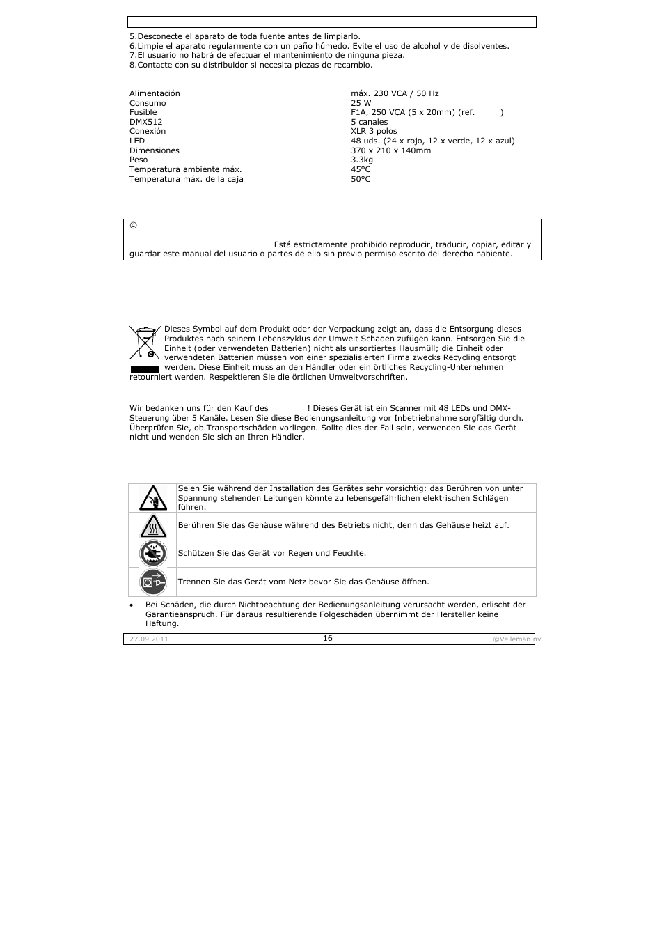 Bedienungsanleitung, Bedie, Enungs | Anleitu | Velleman VDPL300SC User Manual | Page 16 / 21