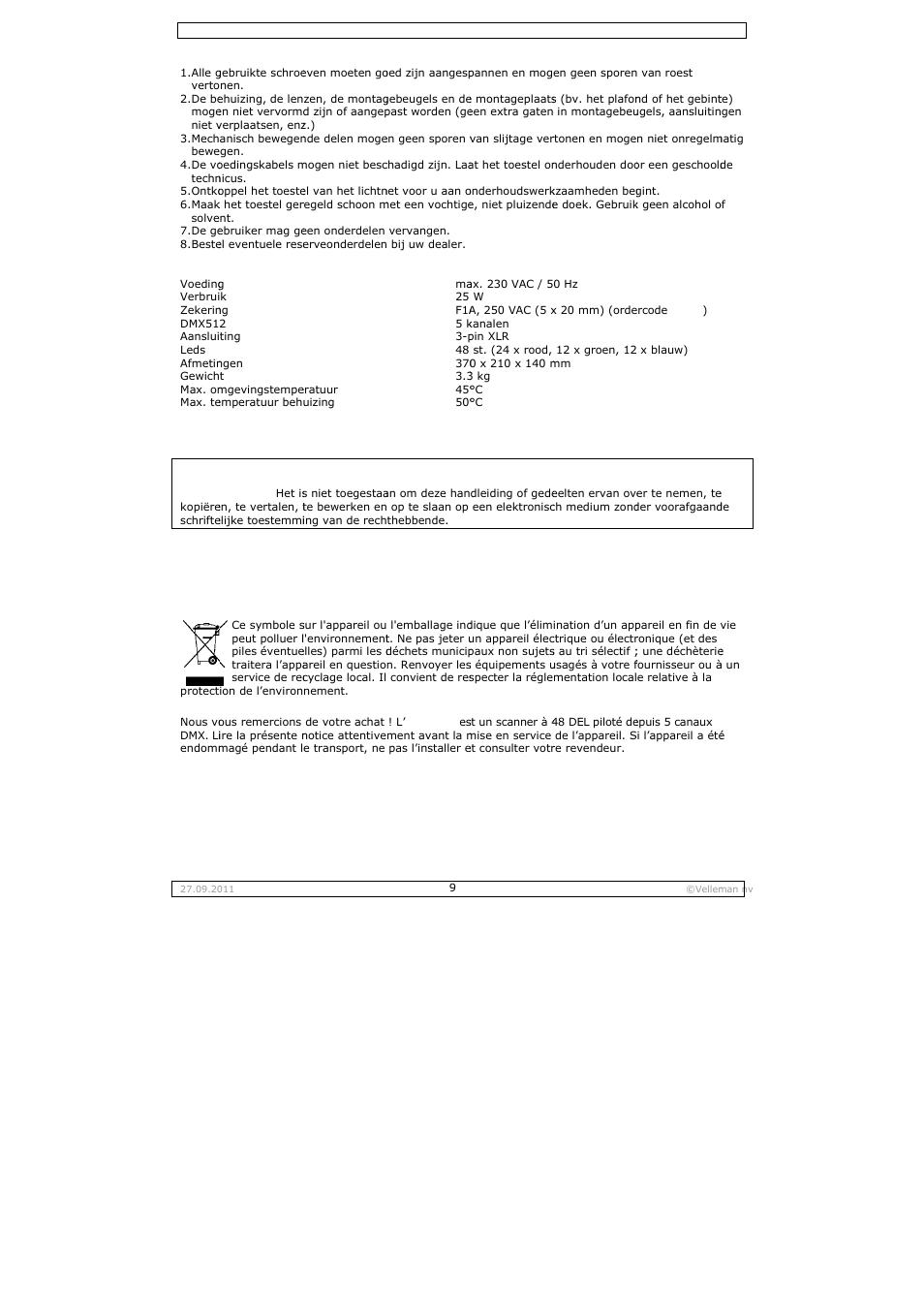 Notice d'emploi, Otice d, Emploi | Velleman VDPL300SC User Manual | Page 9 / 21