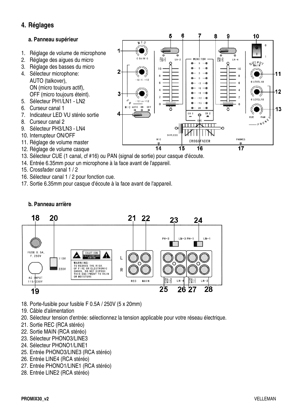 Réglages | Velleman PROMIX30 User Manual | Page 10 / 17