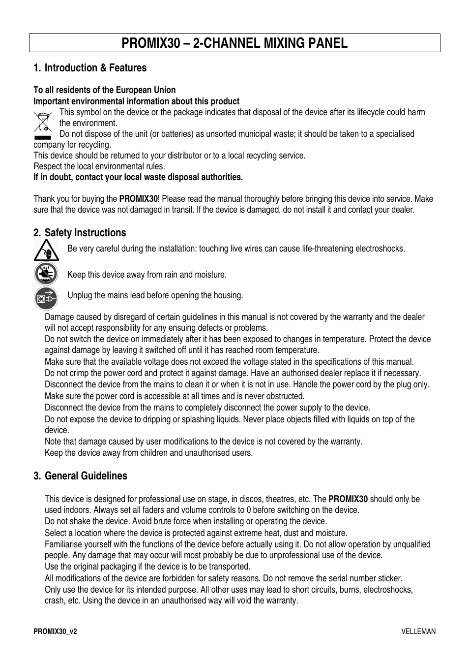 Promix30 – 2-channel mixing panel | Velleman PROMIX30 User Manual | Page 3 / 17