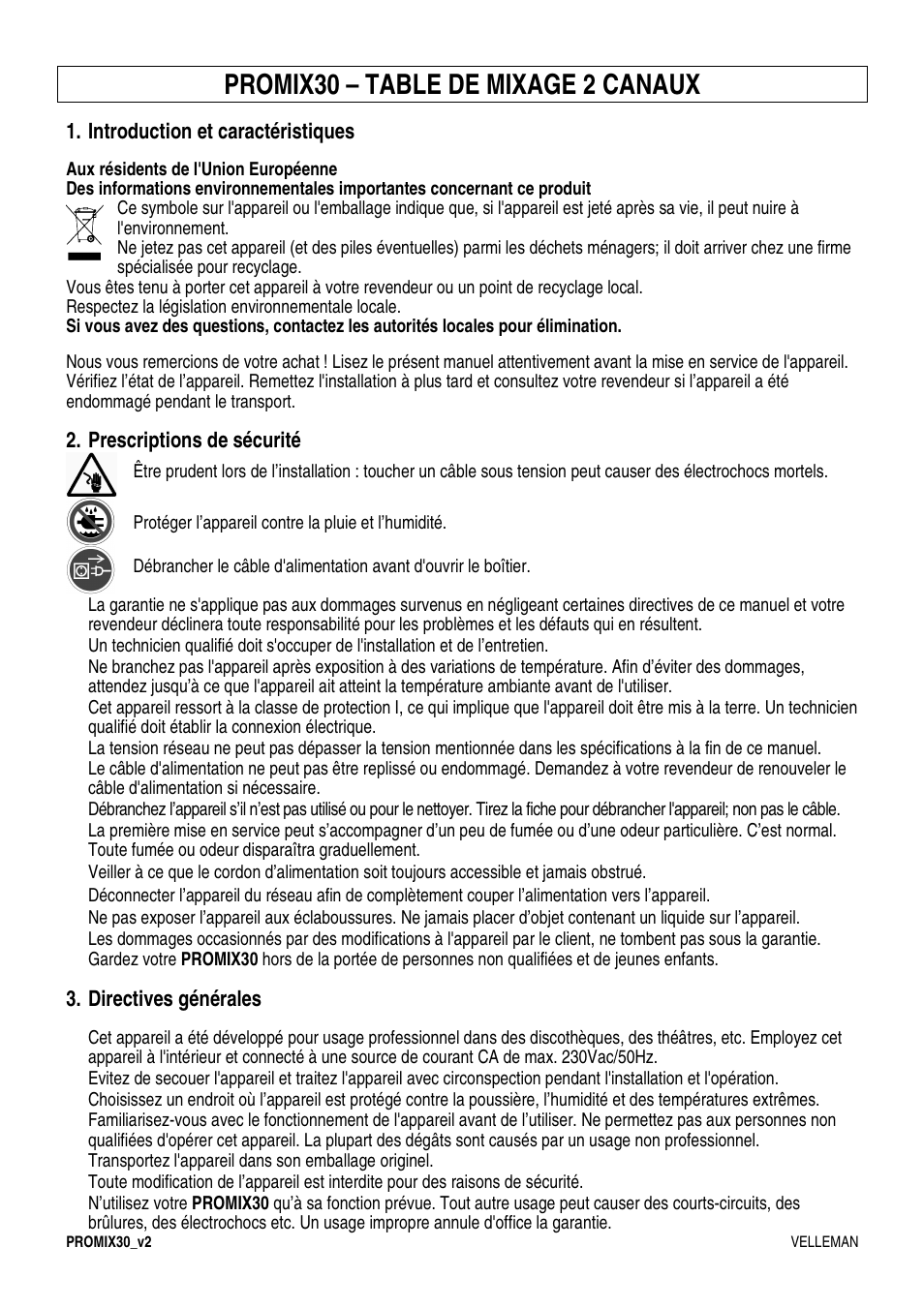 Promix30 – table de mixage 2 canaux | Velleman PROMIX30 User Manual | Page 9 / 17