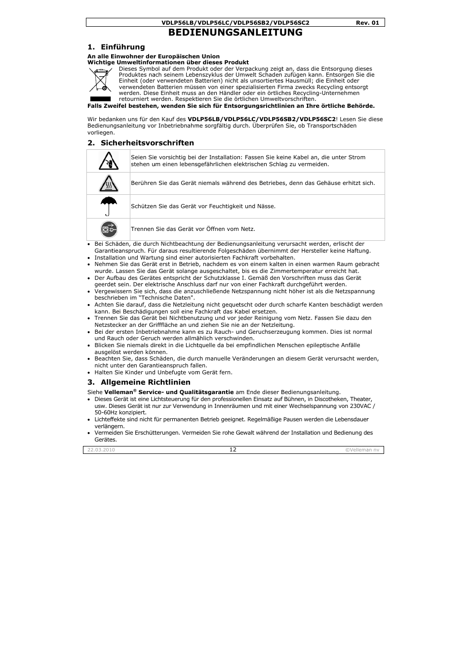 Bedie, Enungs, Anleitu | Velleman VDLP56SB2 User Manual | Page 12 / 16