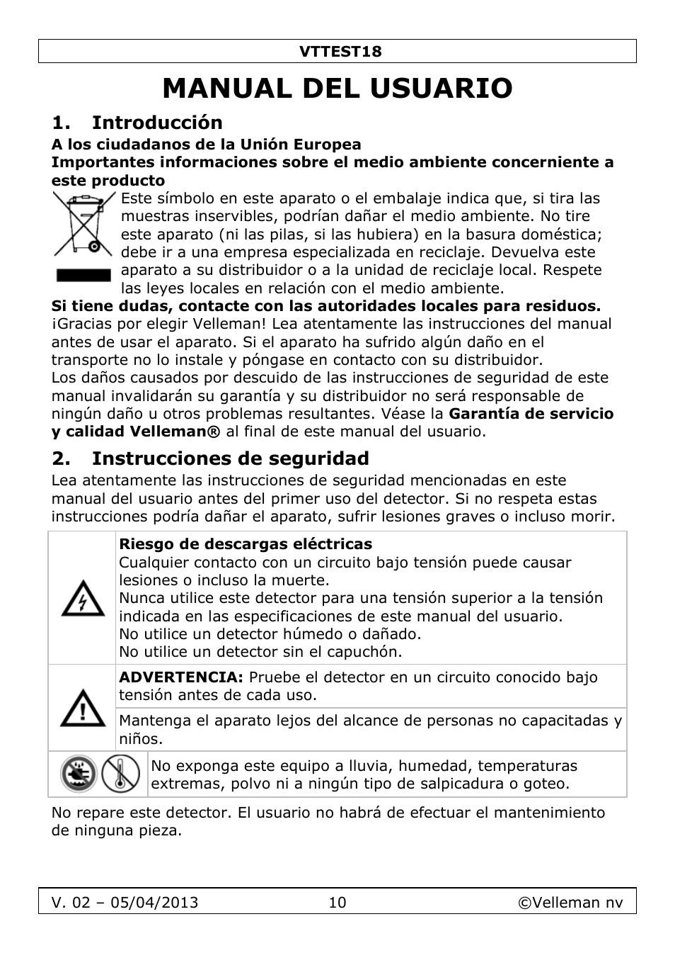 Manual del usuario, Introducción, Instrucciones de seguridad | Velleman VTTEST18 User Manual | Page 10 / 23