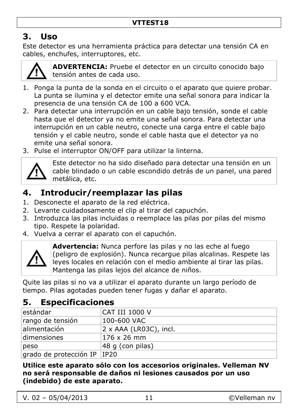 Introducir/reemplazar las pilas, Especificaciones | Velleman VTTEST18 User Manual | Page 11 / 23