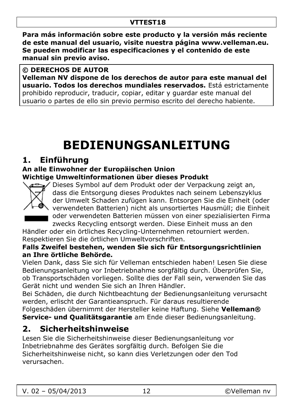 Bedienungsanleitung, Einführung, Sicherheitshinweise | Velleman VTTEST18 User Manual | Page 12 / 23