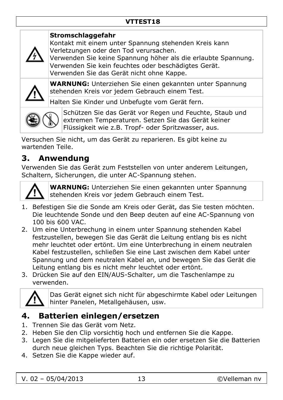 Anwendung, Batterien einlegen/ersetzen | Velleman VTTEST18 User Manual | Page 13 / 23