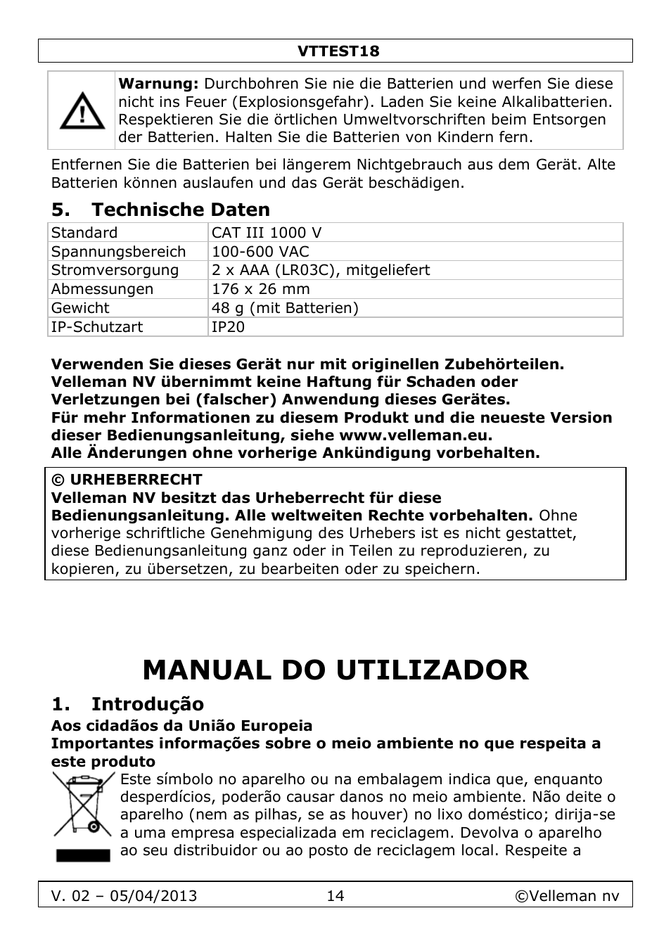 Technische daten, Manual do utilizador, Introdução | Velleman VTTEST18 User Manual | Page 14 / 23