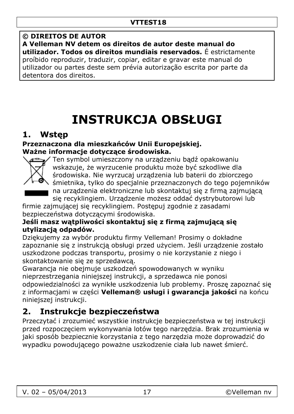 Instrukcja obsługi, Wstęp, Instrukcje bezpieczeństwa | Velleman VTTEST18 User Manual | Page 17 / 23