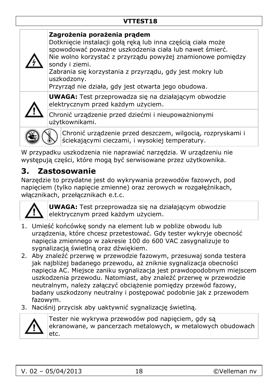 Zastosowanie | Velleman VTTEST18 User Manual | Page 18 / 23