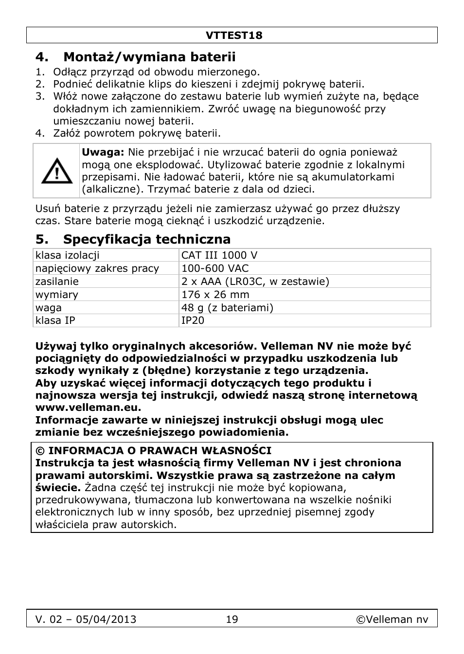 Montaż/wymiana baterii, Specyfikacja techniczna | Velleman VTTEST18 User Manual | Page 19 / 23