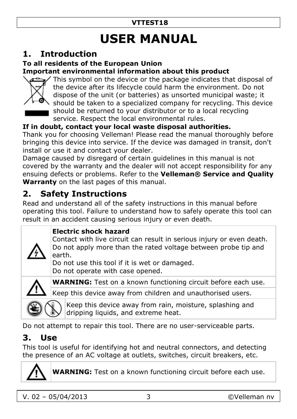 User manual, Introduction, Safety instructions | Velleman VTTEST18 User Manual | Page 3 / 23