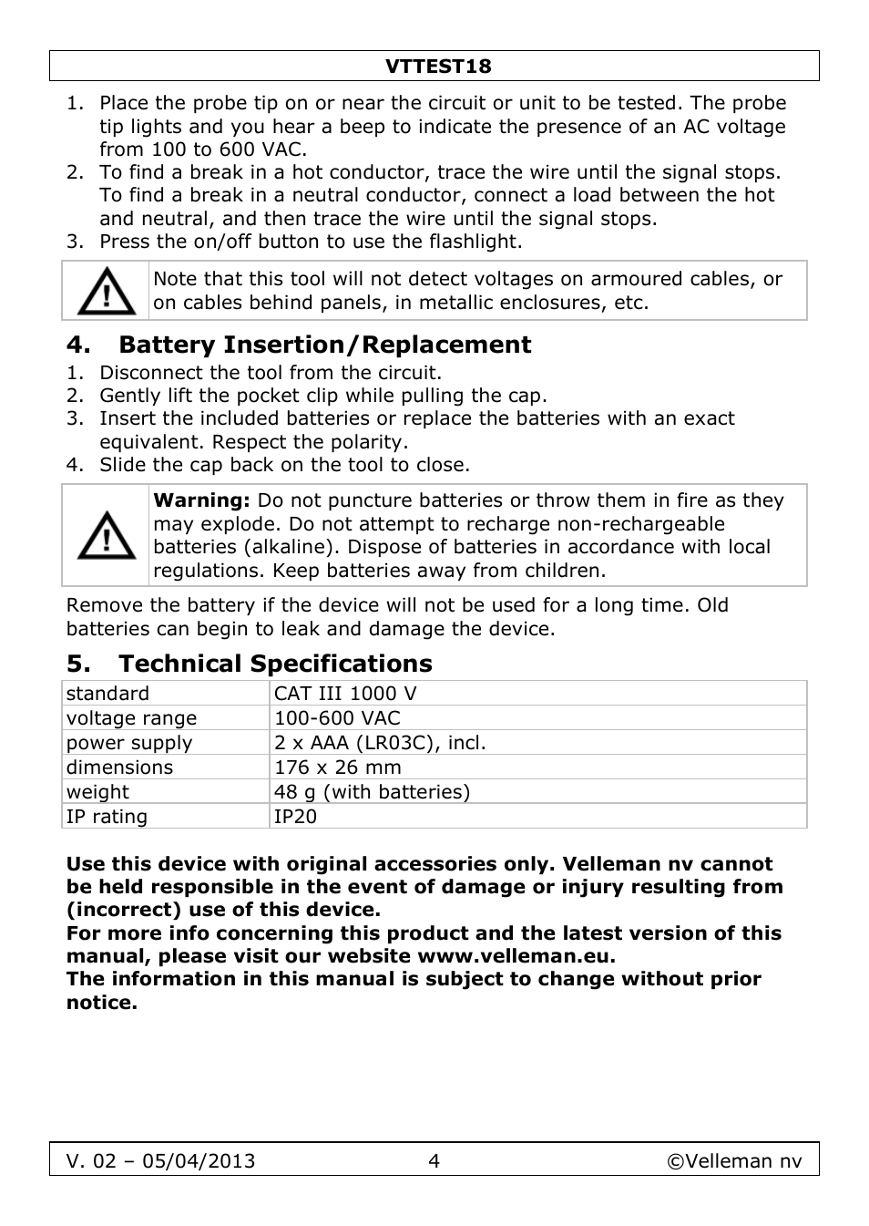 Battery insertion/replacement, Technical specifications | Velleman VTTEST18 User Manual | Page 4 / 23