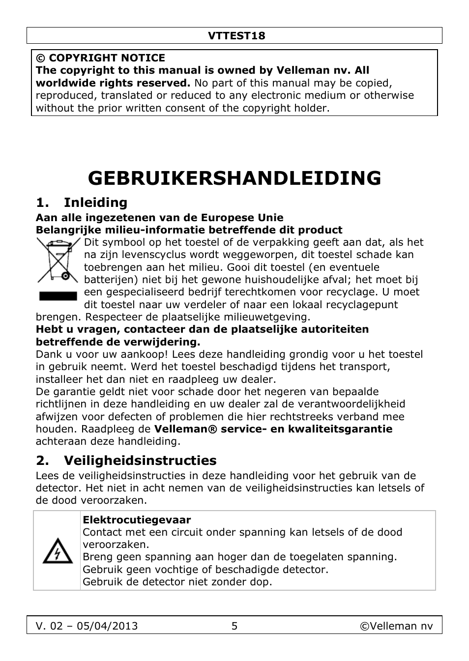 Gebruikershandleiding, Inleiding, Veiligheidsinstructies | Velleman VTTEST18 User Manual | Page 5 / 23