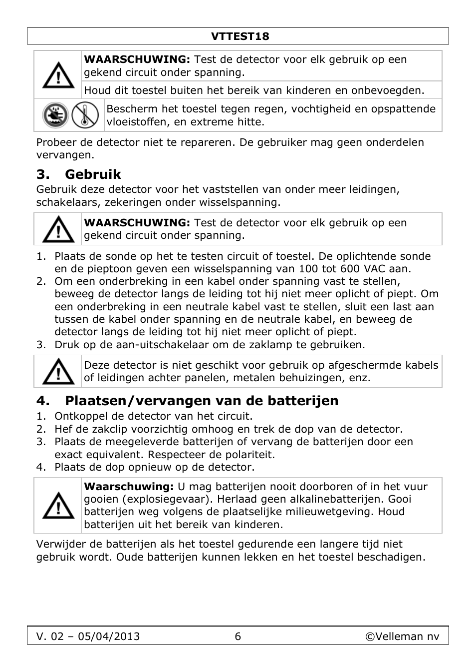 Gebruik, Plaatsen/vervangen van de batterijen | Velleman VTTEST18 User Manual | Page 6 / 23