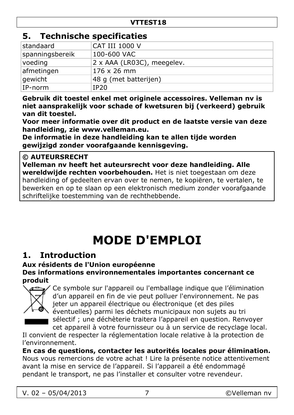 Technische specificaties, Mode d'emploi, Introduction | Velleman VTTEST18 User Manual | Page 7 / 23