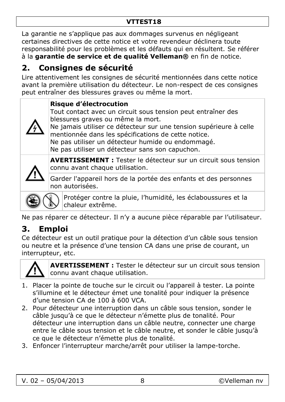 Consignes de sécurité, Emploi | Velleman VTTEST18 User Manual | Page 8 / 23