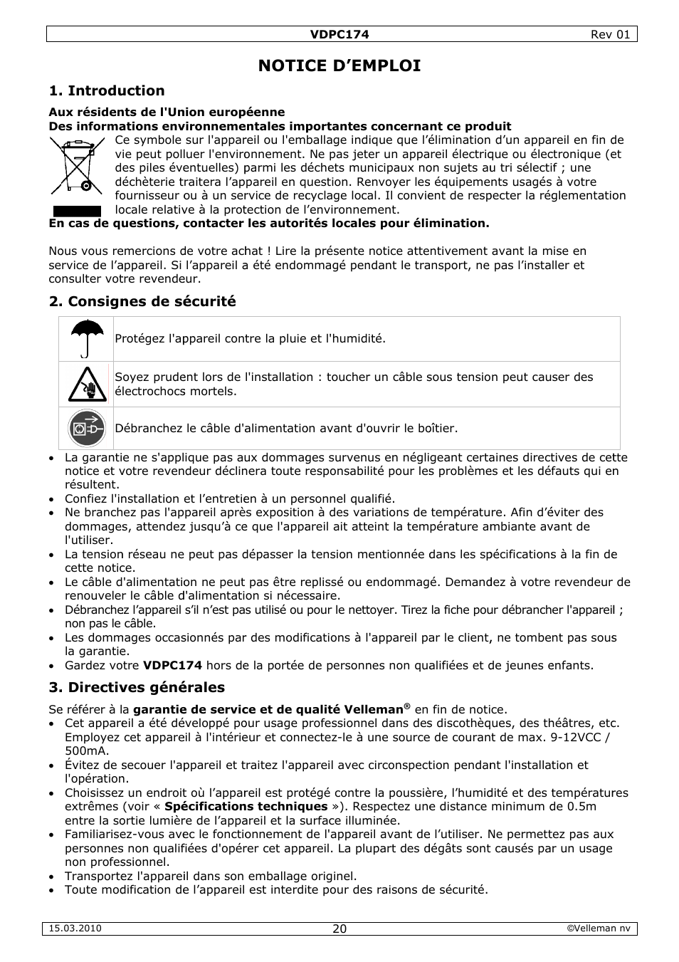 Notic, Ce d’em, Mploi | Velleman VDPC174 User Manual | Page 20 / 47