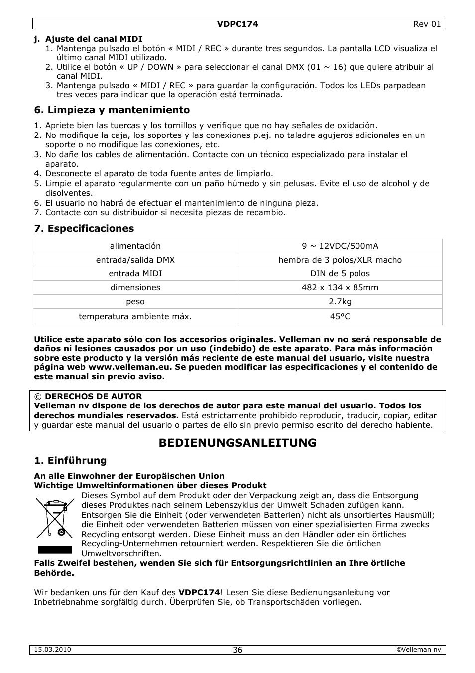 Edienu, Ungsan, Nleitun | Velleman VDPC174 User Manual | Page 36 / 47