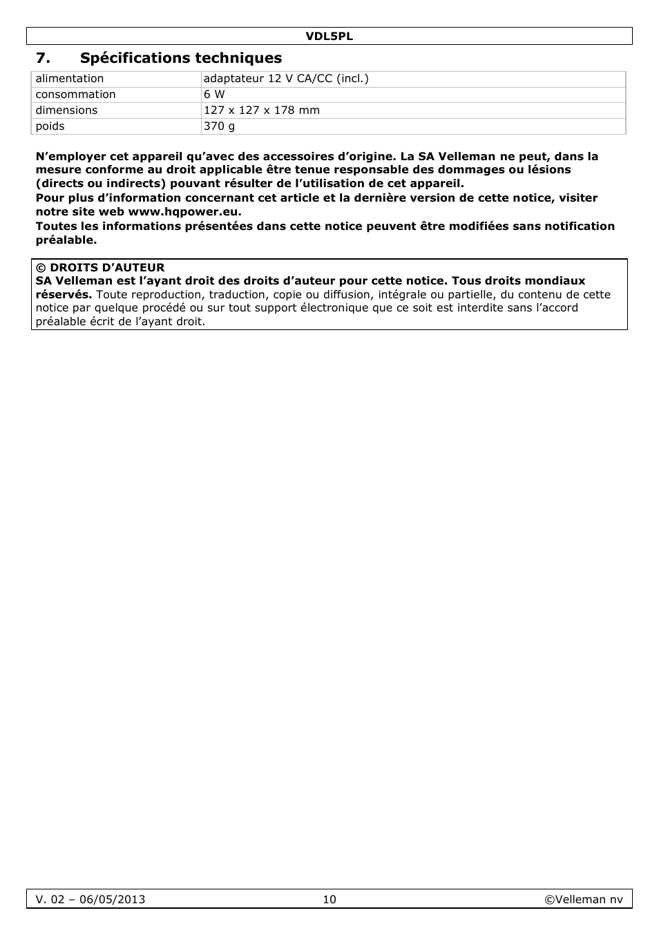 Spécifications techniques | Velleman VDL5PL User Manual | Page 10 / 18