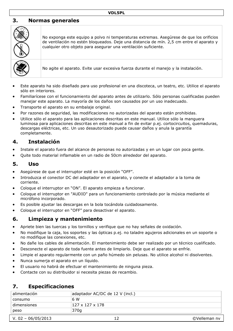 Normas generales, Instalación, Limpieza y mantenimiento | Especificaciones | Velleman VDL5PL User Manual | Page 12 / 18