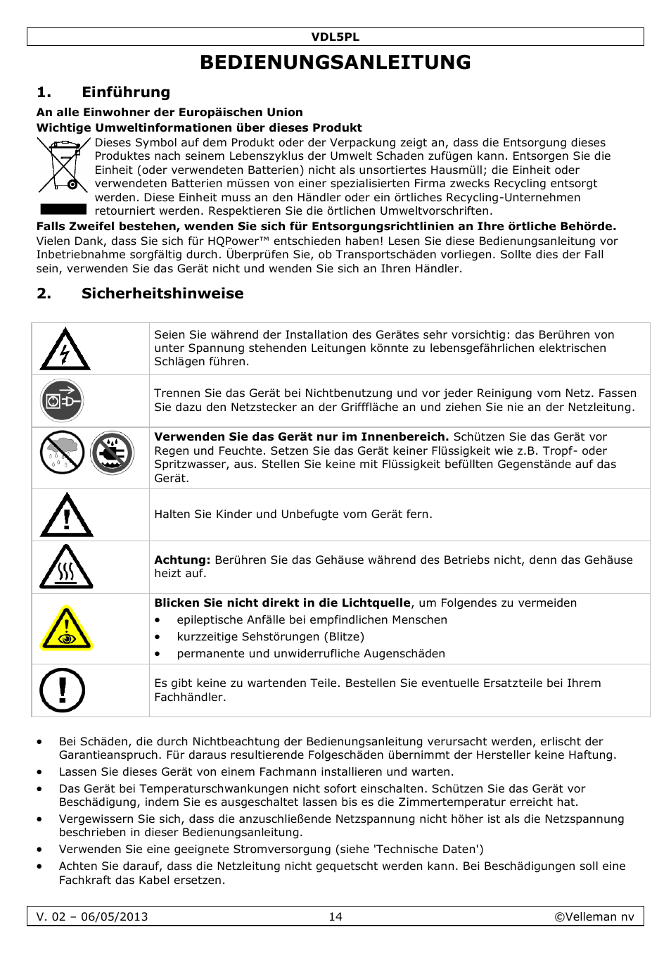 Bedienungsanleitung, Einführung, Sicherheitshinweise | Velleman VDL5PL User Manual | Page 14 / 18