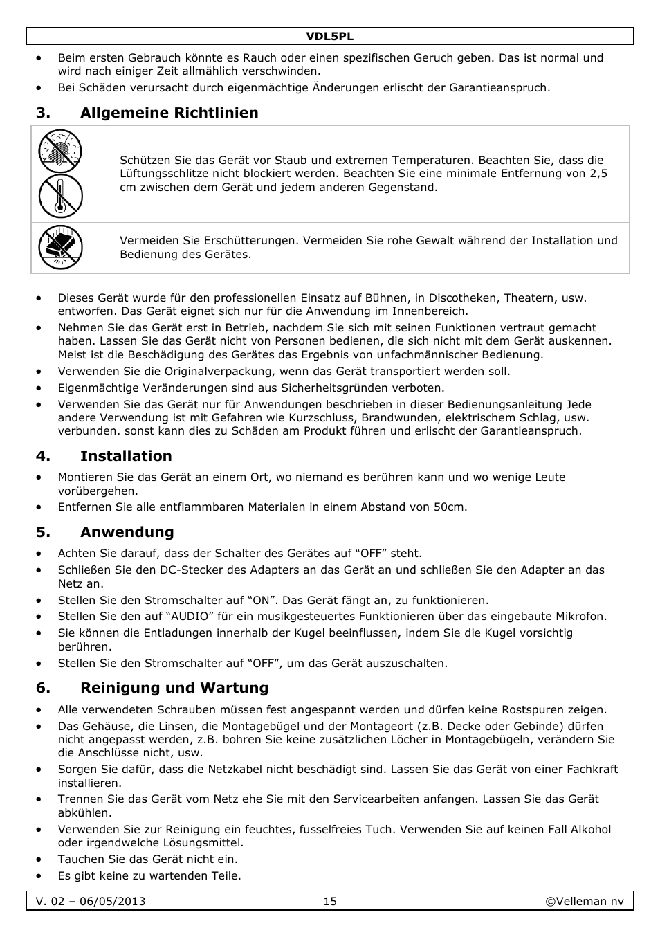 Allgemeine richtlinien, Installation, Anwendung | Reinigung und wartung | Velleman VDL5PL User Manual | Page 15 / 18